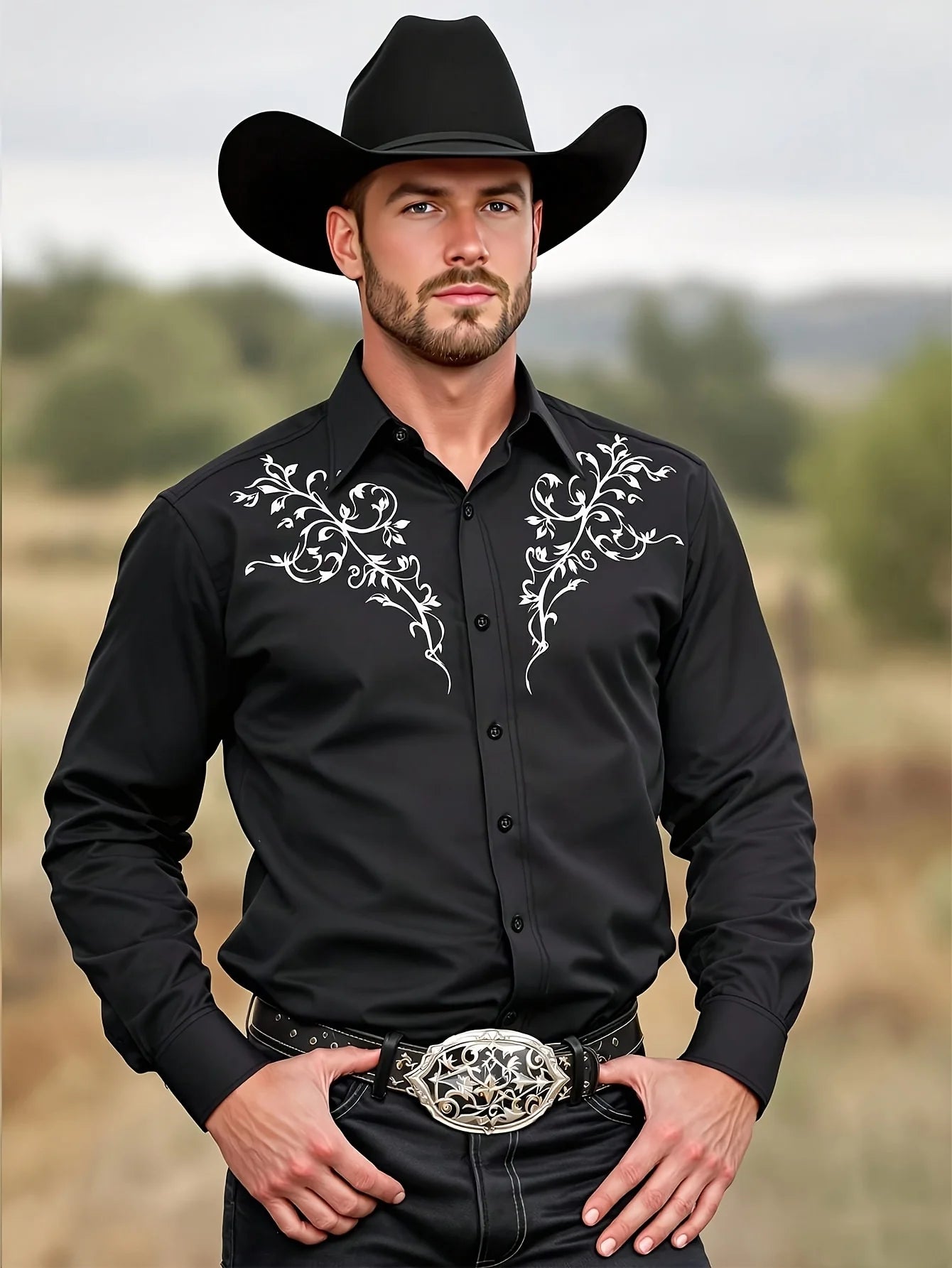 Men's Tribal Pattern Long Sleeve Men's Black Western Cowboy Shirt Western Event Attire  Stylish Men'S Shirt Slim Fit Shirt