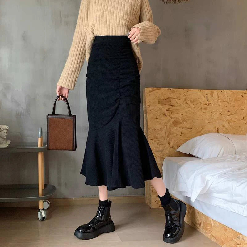 Fashion High Waist Midi Skirts for Women 2023 Spring Slim Fit  Hip Mermaid Skirt Woman Korean Ruffles Brown Skirts 2XL