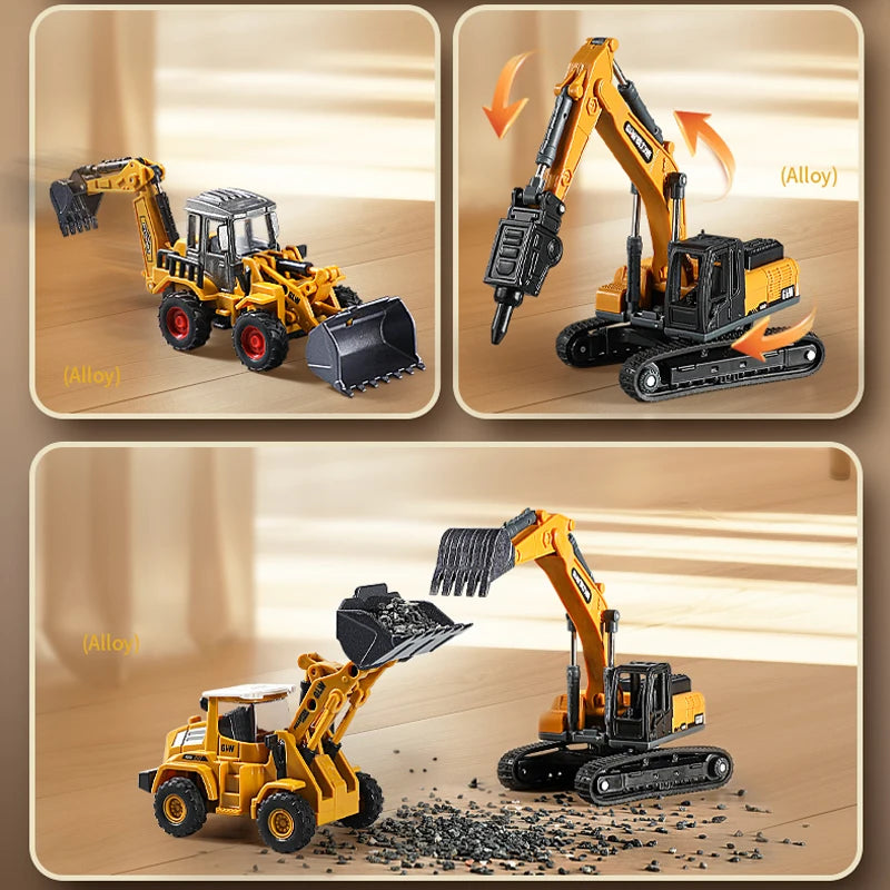 1:70 9 Styles Mini Yellow Alloy Forklift Driller Road Roller Engineering Diecast Construction Vehicle Inertia Toys for Boys Gift