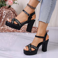 Women's Sequined Studded Chunky Heel Sandals, Platform Thick Sole Open Toe Back Strap High Heels, Nightclub Party Hot Girl Shoes