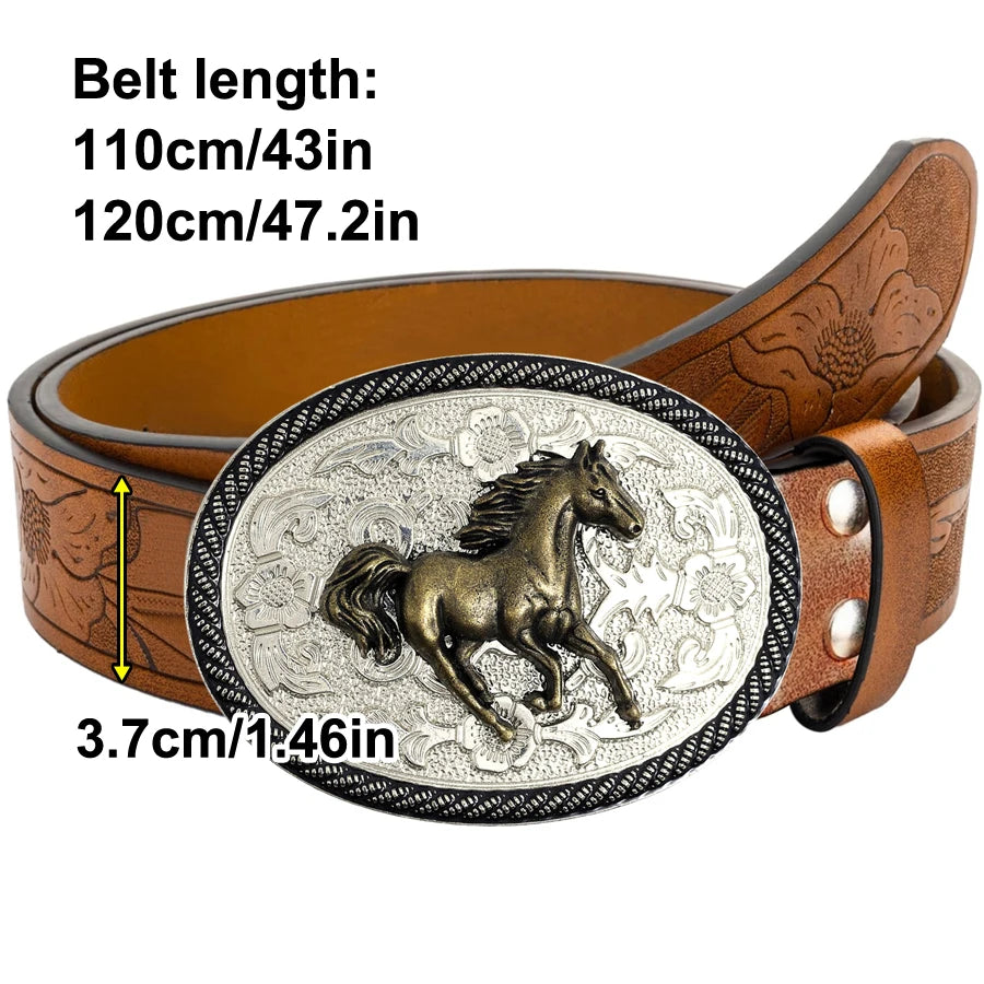 1pc men's Western style belt, horse, printed, pattern carved with flowers and long horn decorations, retro style, great Valentin