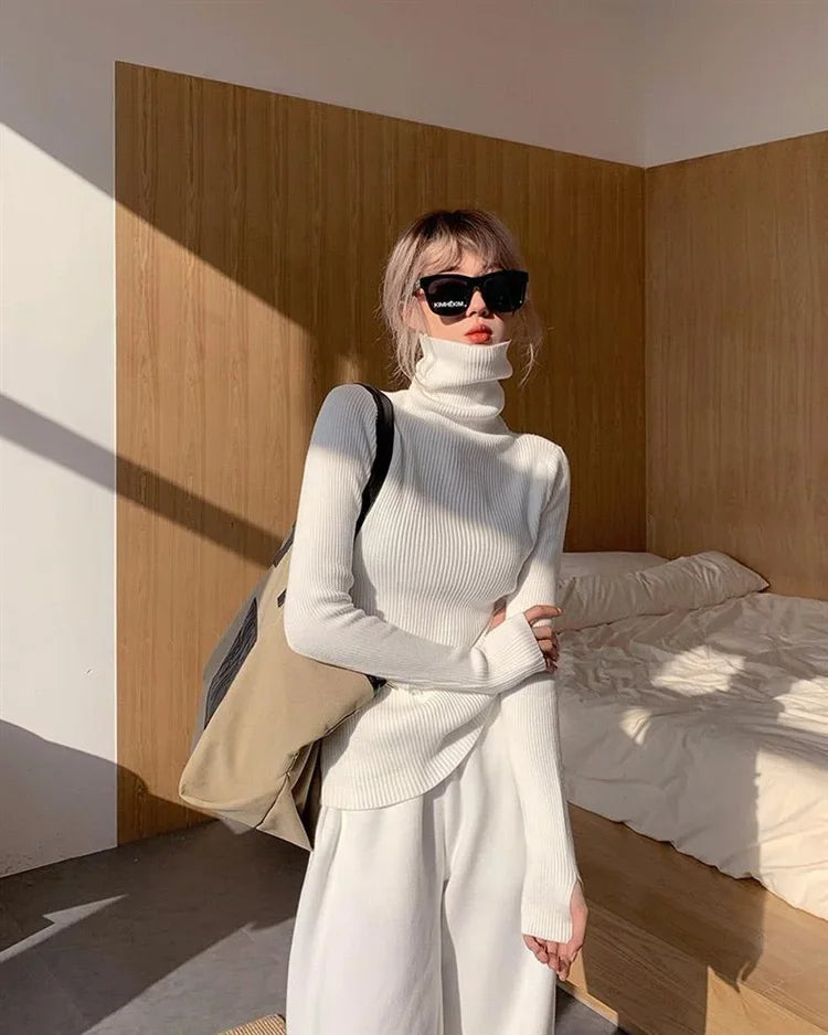 Women Turtlneck Sweater Elegant Solid Basic Knitted Tops Casual Pullover Korean Fashion Simple with Thumb Holes Chic Clothes