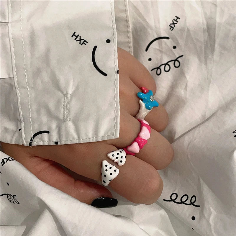 Love zircon inlaid pink handmade drip glaze enamel ring Y2K creative open ring female accessories jewelry gift