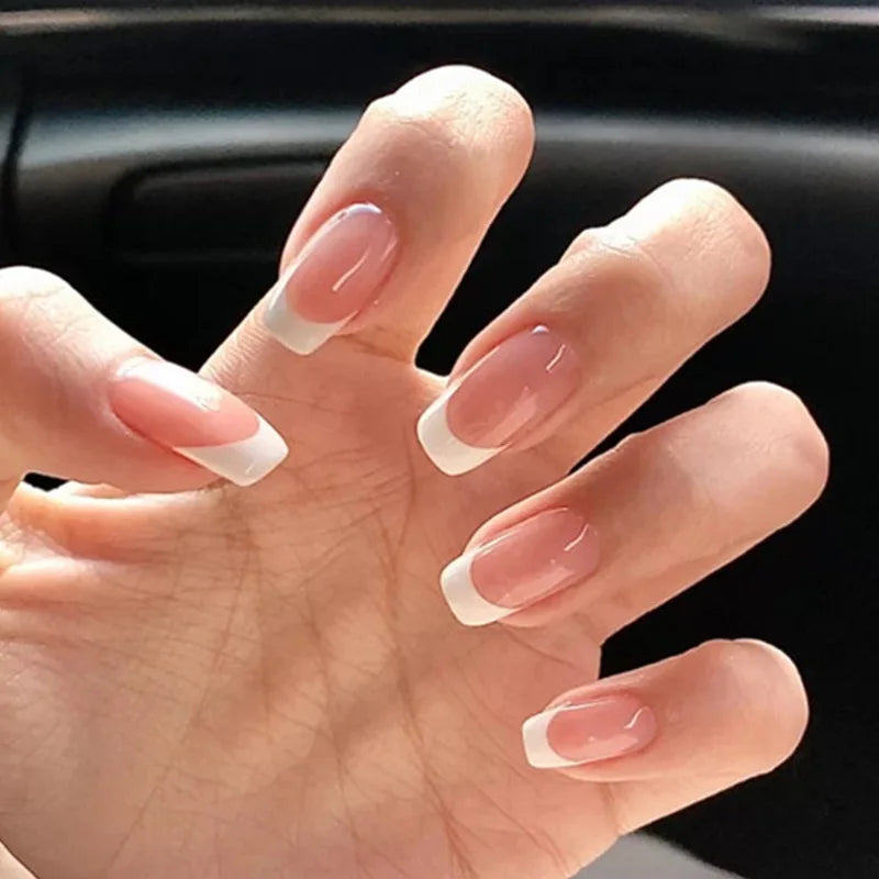 24 Pcs False Nail with Glue Designs Artificial Simple Pink White Art Nail Tip Self-nail Medium Square French Fake Nail Press On