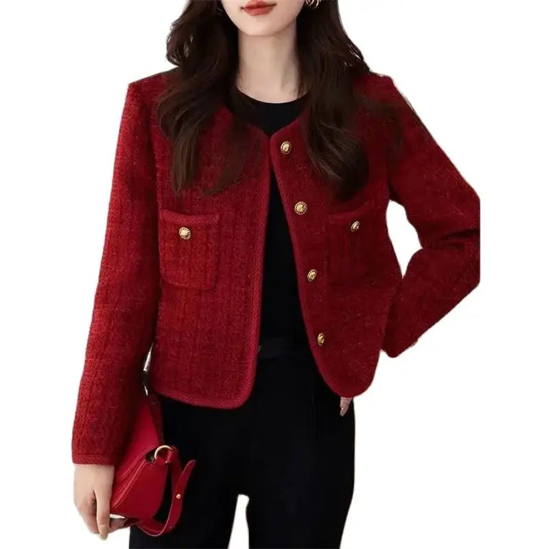 Spring Autumn New Red Tweed Small Fragrance Coat Short Blazers Korean Fashion Elegant Female Tops Outerwear