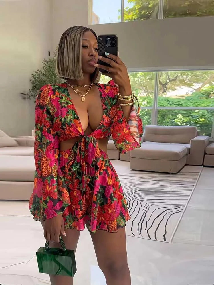 Women Sexy Outfits Skirt Sets with Top Lace-up Flare Sleeves Nightclub Wear with Flower Print Two Piece Sets Skirt and Crop Top