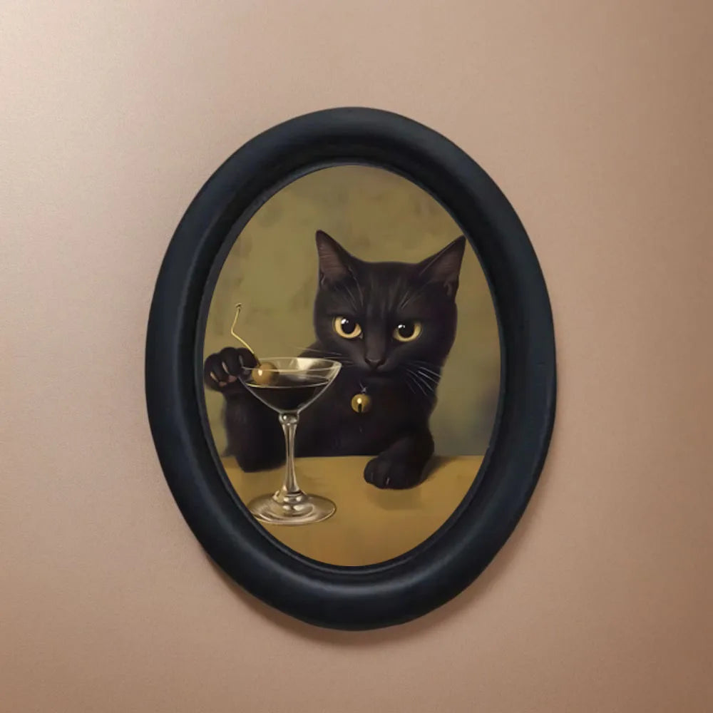 1 Piece of Vintage Wall Decoration Featuring a Black Cat Drinking a Martini Cocktail, Black Oval Frame Decoration, Gothic Style Cat Elements, Fun Bar Decoration, Exclusive Gift for Cat Lovers