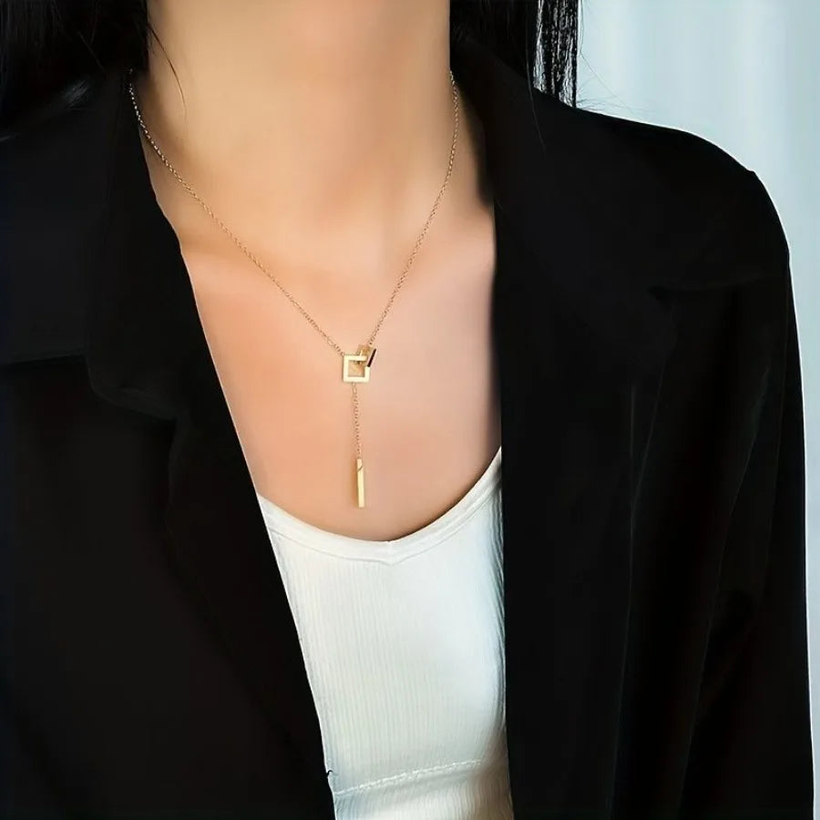 Simple Style Square Shape Buckle Long Pendant Clavicle Chain Necklace 18K Gold Plated Golden Color Neck Jewelry For Women