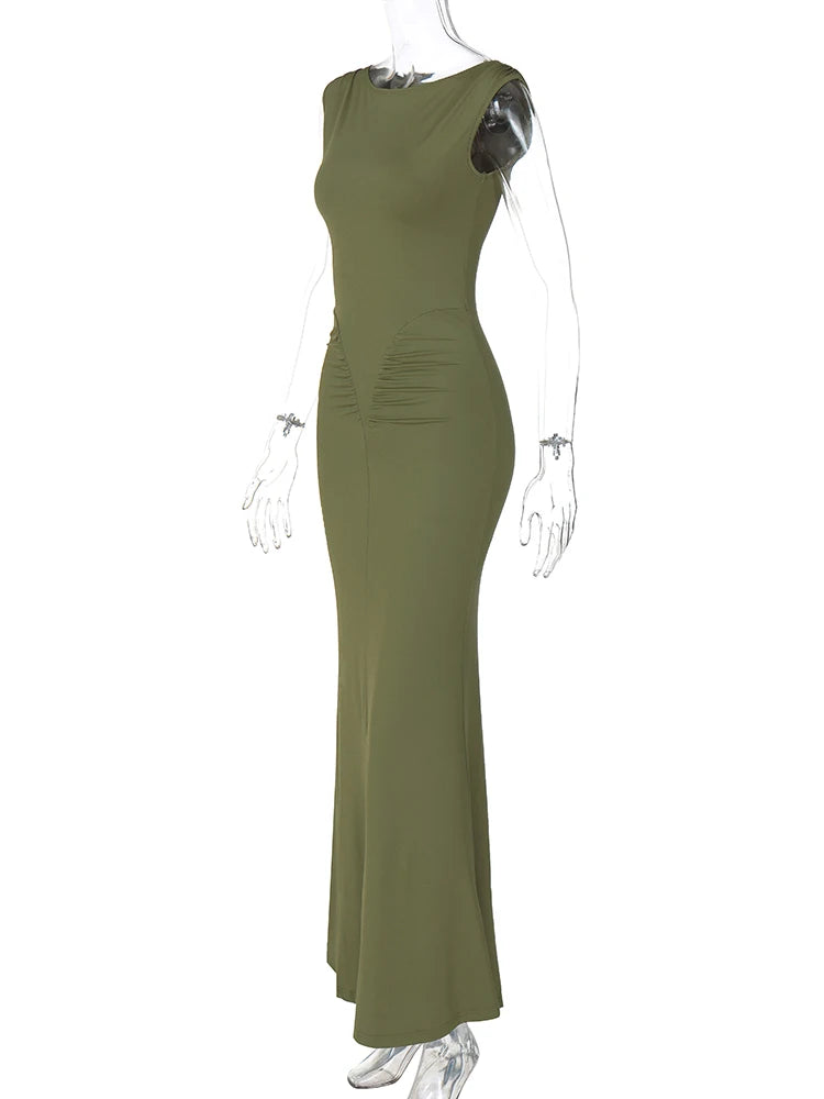 Dulzura Elegant Long Dress Ruched Bodycon Sleeveless Solid Dresses Lady Cocktail Party Wedding Guest Formal Women Clothes 2024