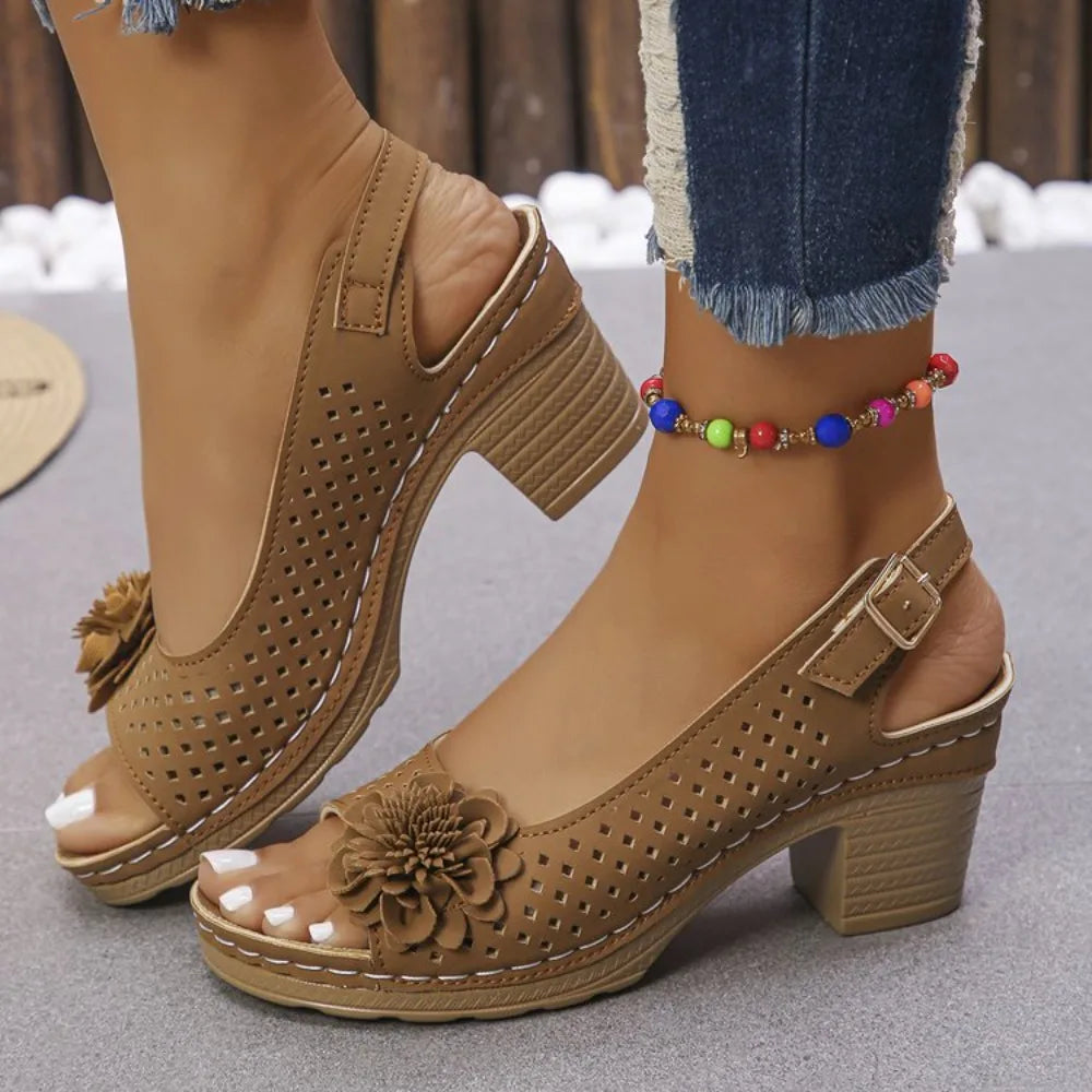 Women's Chunky platform sandal - Elegant red Floral accent, Breathable Open-Toe Shoes with Hook-and-Loop Closure casual Footwear