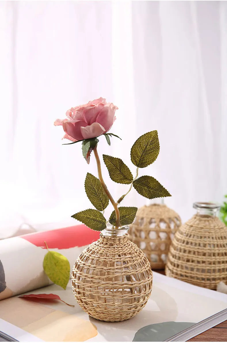 Japanese Style Hand-woven Glass Aroma Vase Small Diameter Dried Flowers Dining Table Decoration Plant Pots Decorative