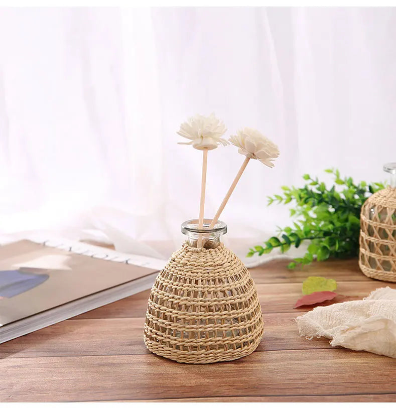 Japanese Style Hand-woven Glass Aroma Vase Small Diameter Dried Flowers Dining Table Decoration Plant Pots Decorative