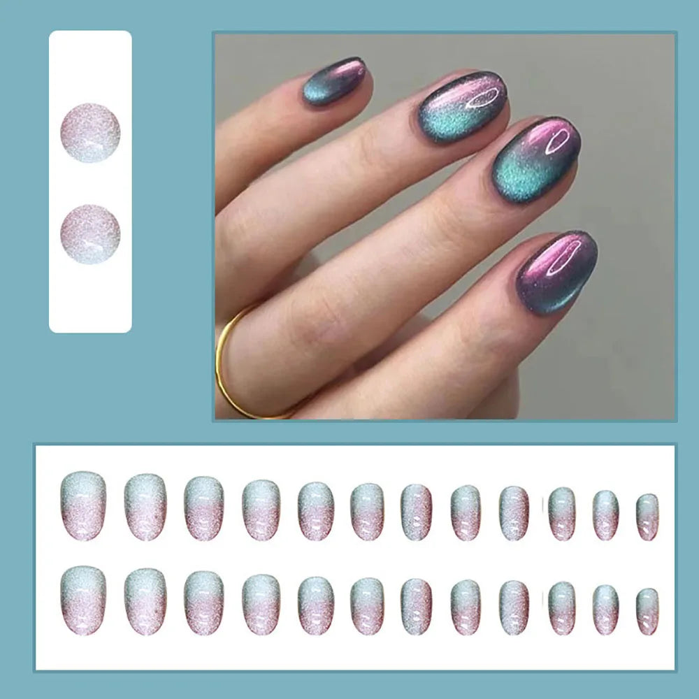 Medium fake nails for women girl gradient blue purple Glossy Almond nail art tips full cover acrylic press on false nail art set