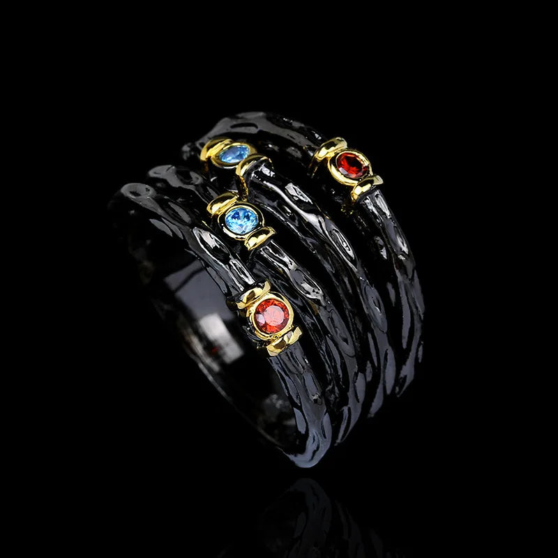 925 Stamp Inlaid with Colorful Zircon Women's Ring Multi-layer Irregular Black Gold Jewelry Women's Party Birthday Gift