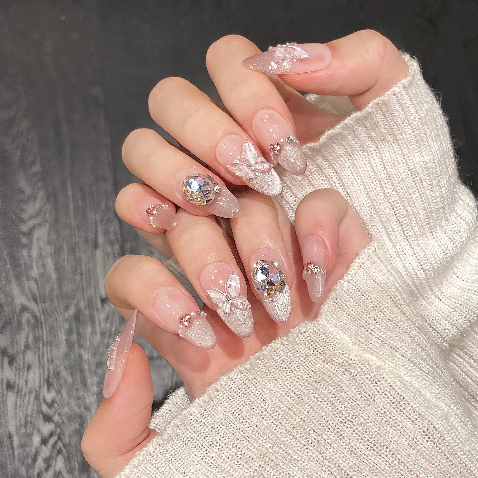 Butterfly Cat Eye Press-On Nails | 10pcs Pink Handmade French | Reusable Wearable Nail Art Tips
