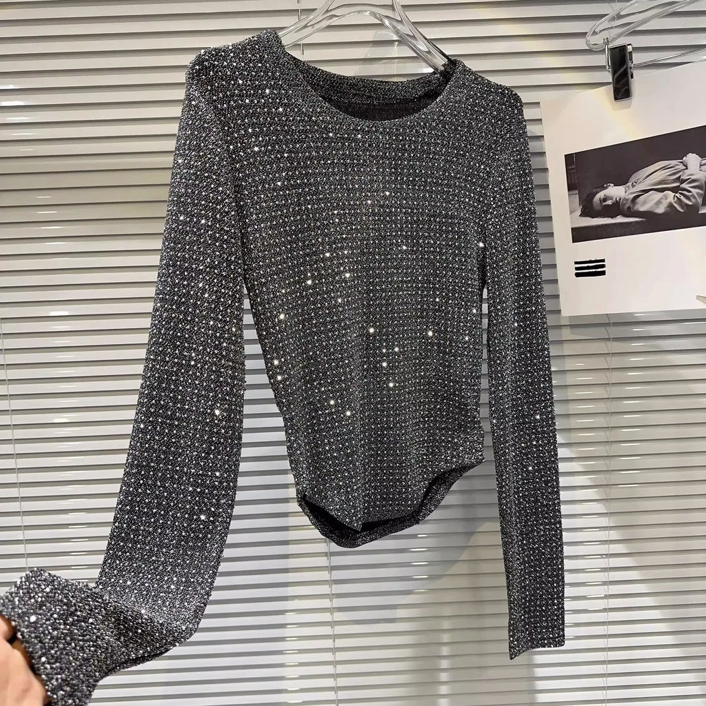 Fat people oversized wear 300 catties fashion rhinestone diamond bright silk curved edge women's long-sleeved T-shirt