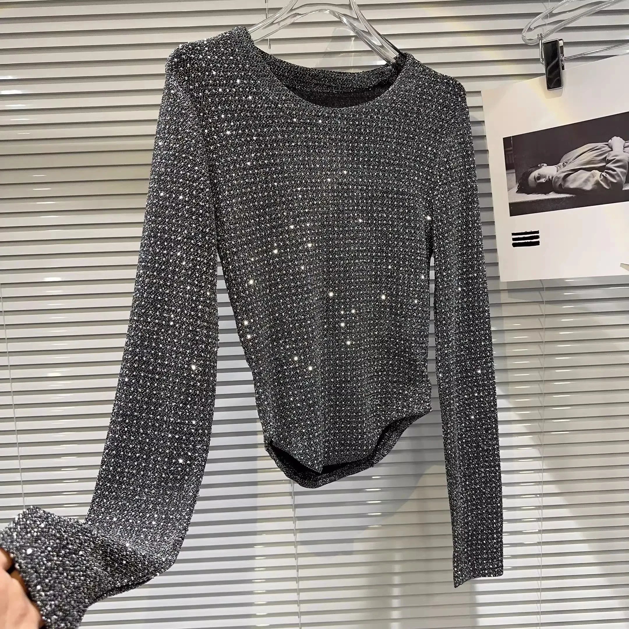 Fat people oversized wear 300 catties fashion rhinestone diamond bright silk curved edge women's long-sleeved T-shirt