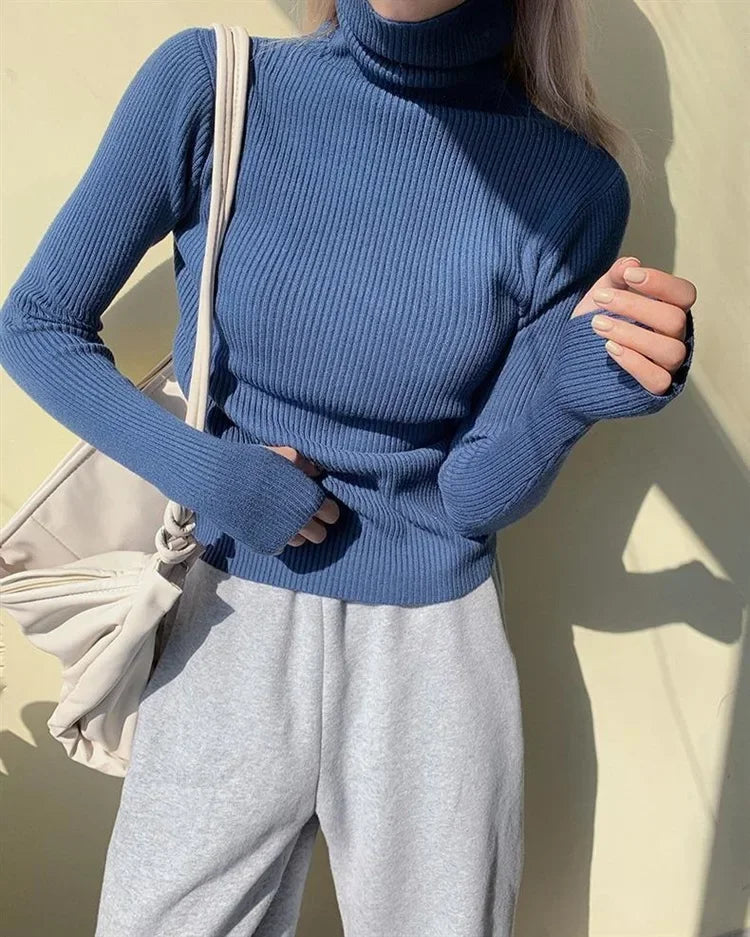 Women Turtlneck Sweater Elegant Solid Basic Knitted Tops Casual Pullover Korean Fashion Simple with Thumb Holes Chic Clothes