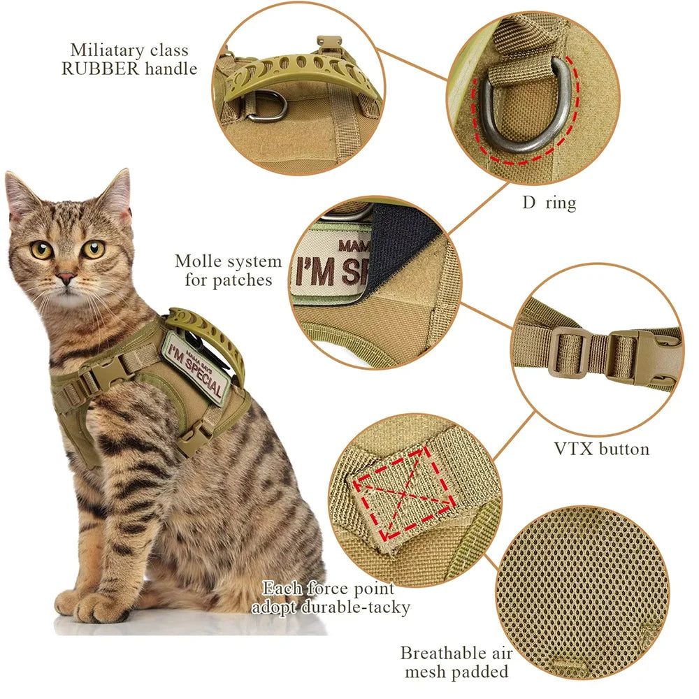 Tactical Cat Harness Leash Set Escape Proof Breathable Military Vest and Velcro for Small Dog Kittens Puppies Walking & Training