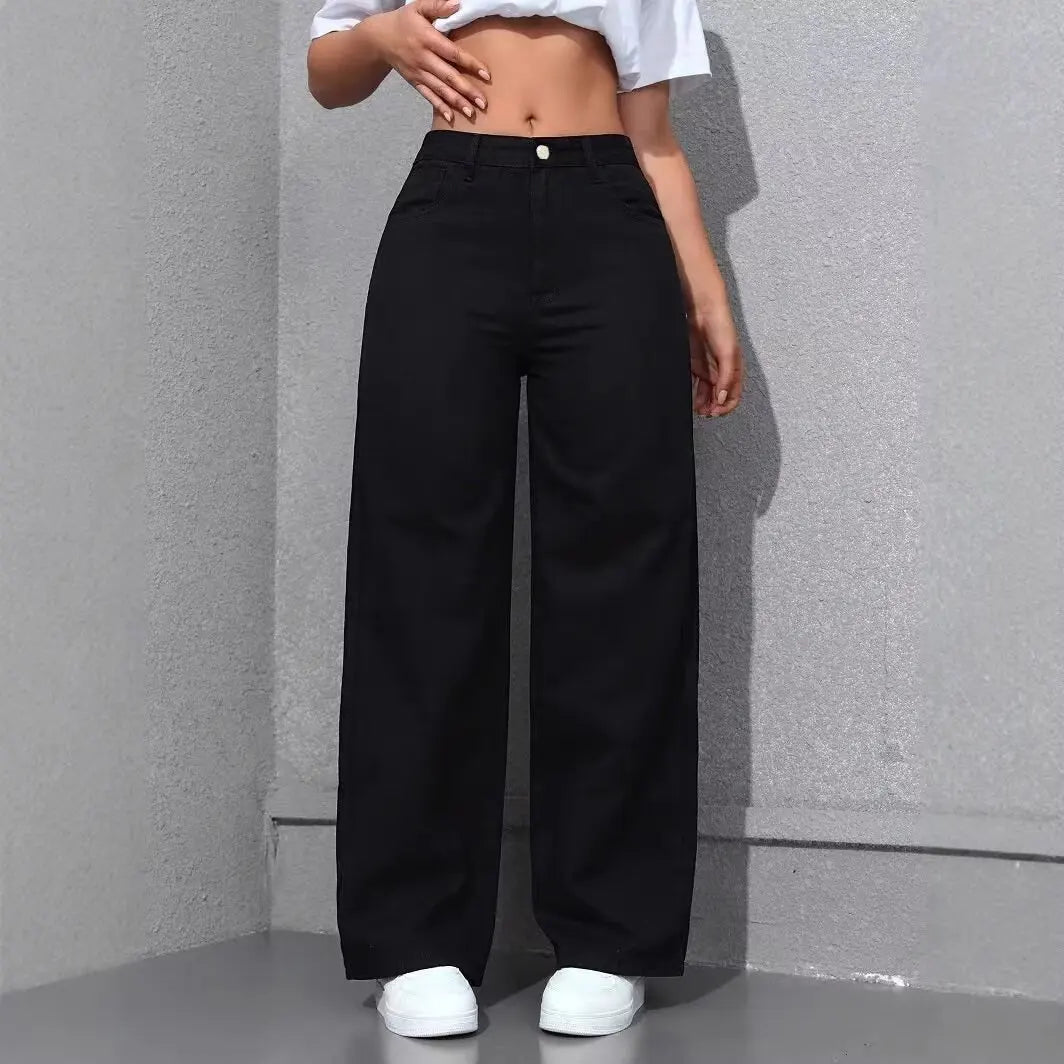 Ladies Washed Wide Leg Jeans High Waist Loose Casual Straight Leg Daily Bottoms