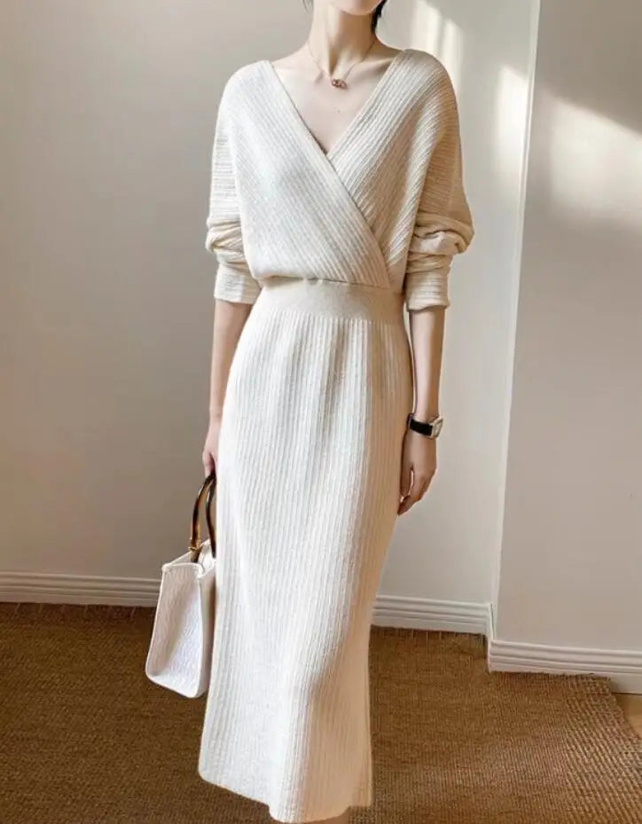 New Autumn/Winter Fashion Long Sleeve V-neck Knitted Solid Color Slim Fit Dress For Women,5 Colors
