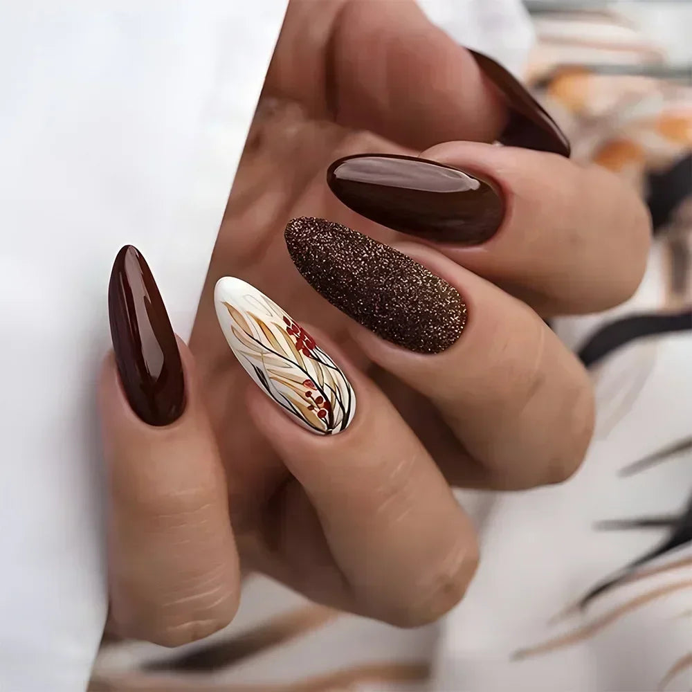 Autumn Matte Press-On Nails | 24pcs Rose Leaf Almond | Full Cover Acrylic Nail Tips with Glue