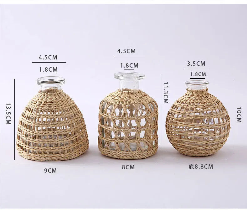 Japanese Style Hand-woven Glass Aroma Vase Small Diameter Dried Flowers Dining Table Decoration Plant Pots Decorative