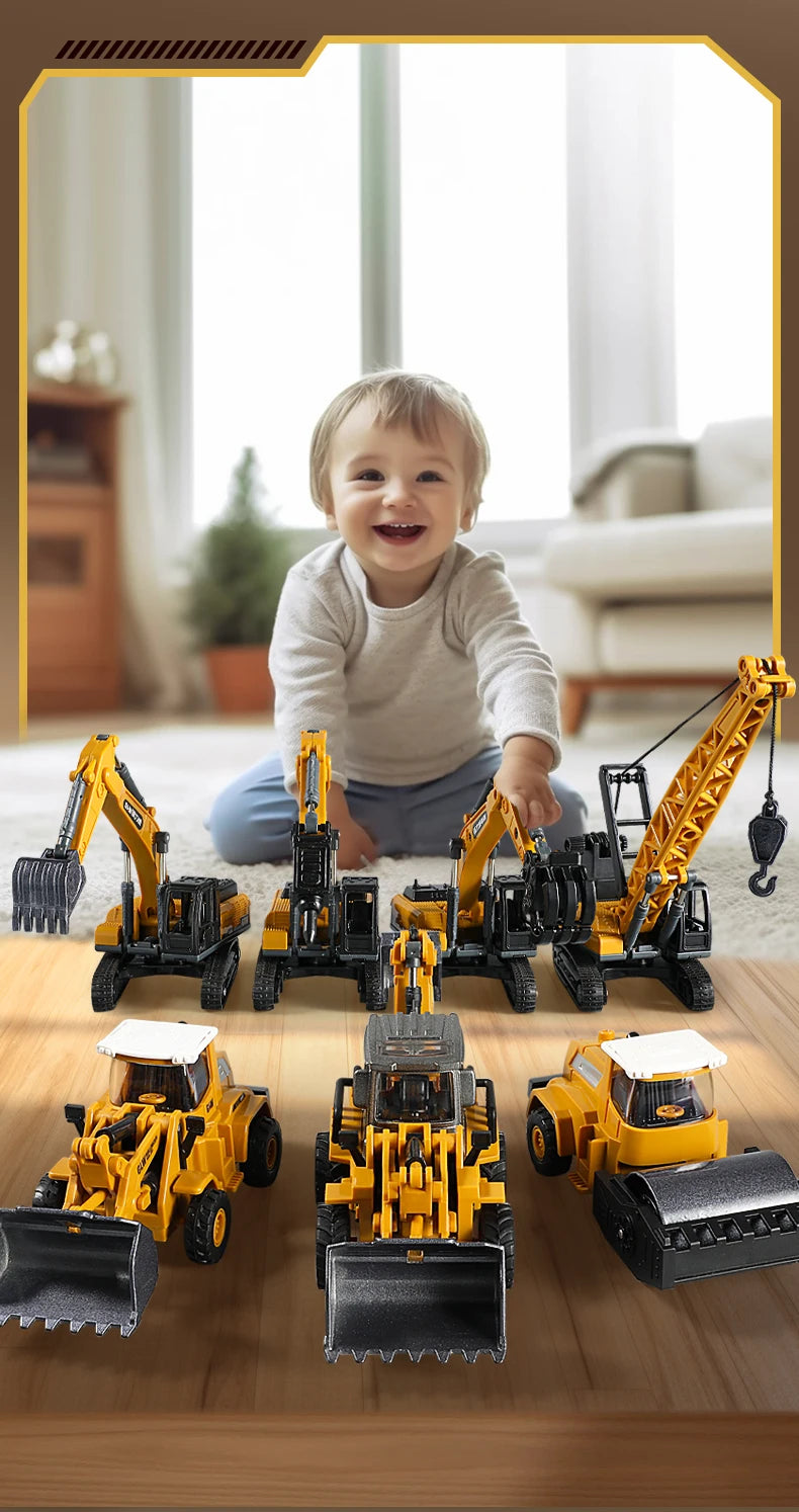 1:70 9 Styles Mini Yellow Alloy Forklift Driller Road Roller Engineering Diecast Construction Vehicle Inertia Toys for Boys Gift