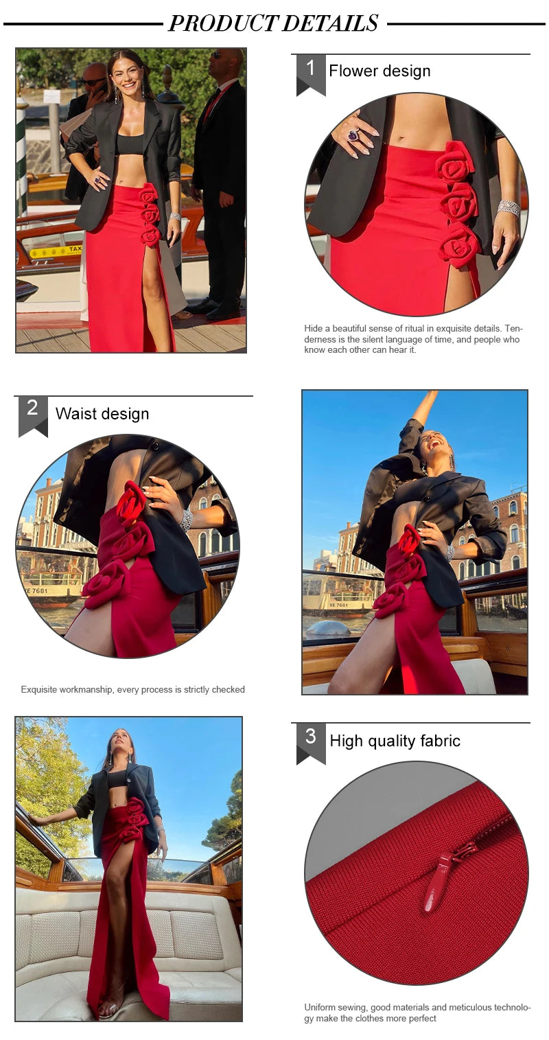 VC Skirts For Women Christmas Party Wear Pretty 3D Flowers Decoration Red Bandage High Split Sexy Long Skirt