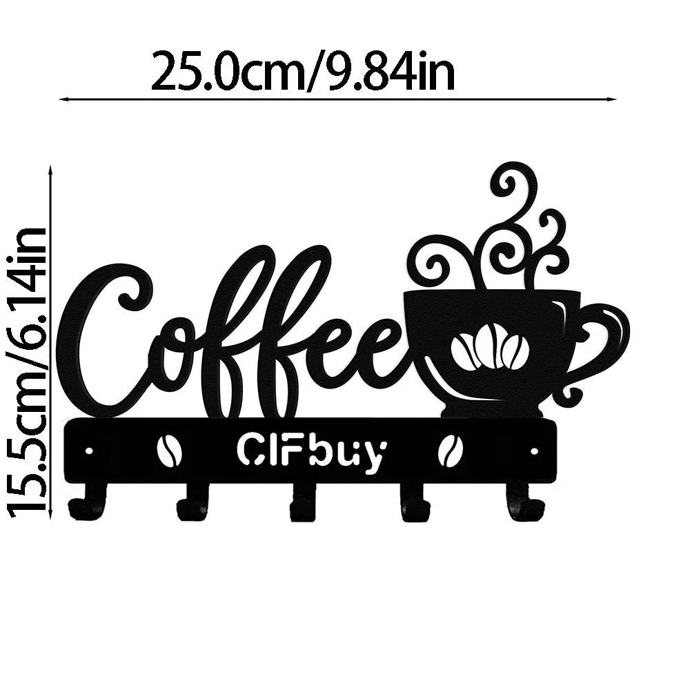 Coffee Bar Decor Rustic Metal Wall Art with Coffee Mug Sign and Hooks
