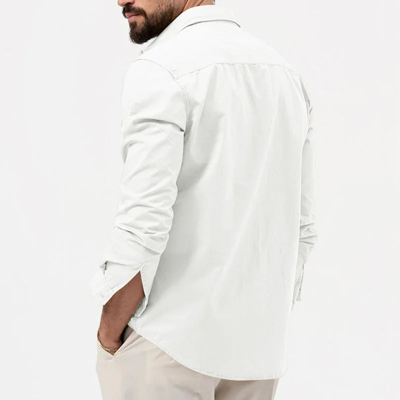 New Men Shirts Long Sleeve Casual Spring Summer Retro Work Multi-pocket Slim Social Business Casual Blouse Solid Color Shirt