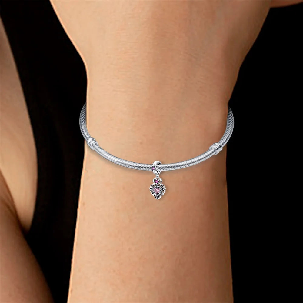 Pendant Charm Bead 925 Sterling Silver Pink Heart-Shaped Beads Fit Original Bracelet for Jewelry Making Valentine's Day gift