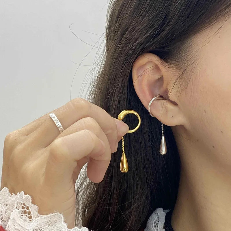 C-shaped Stainless Steel Teardrop Tassel Ear Cuff Clip Earrings for Women 1piece, No Piercings, Ear Cartilage Clips