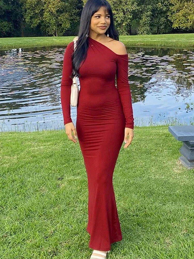 Women's Dresses Autumn New Sexy One-Shoulder Red Dress Streetwear Fashion Casual Slim Elegant Female Club Knitted Dress Clothing