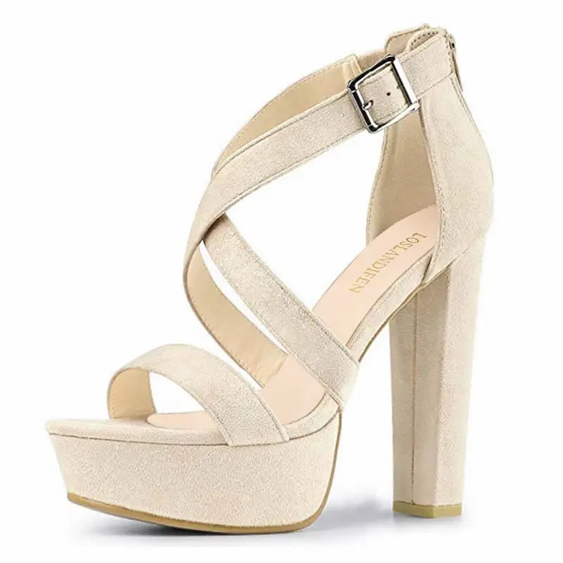 Women Sandals Open Toe Thick High Heels Chunky Cross Strap Buckle Platform Pumps Dress Party Wedding Shoes
