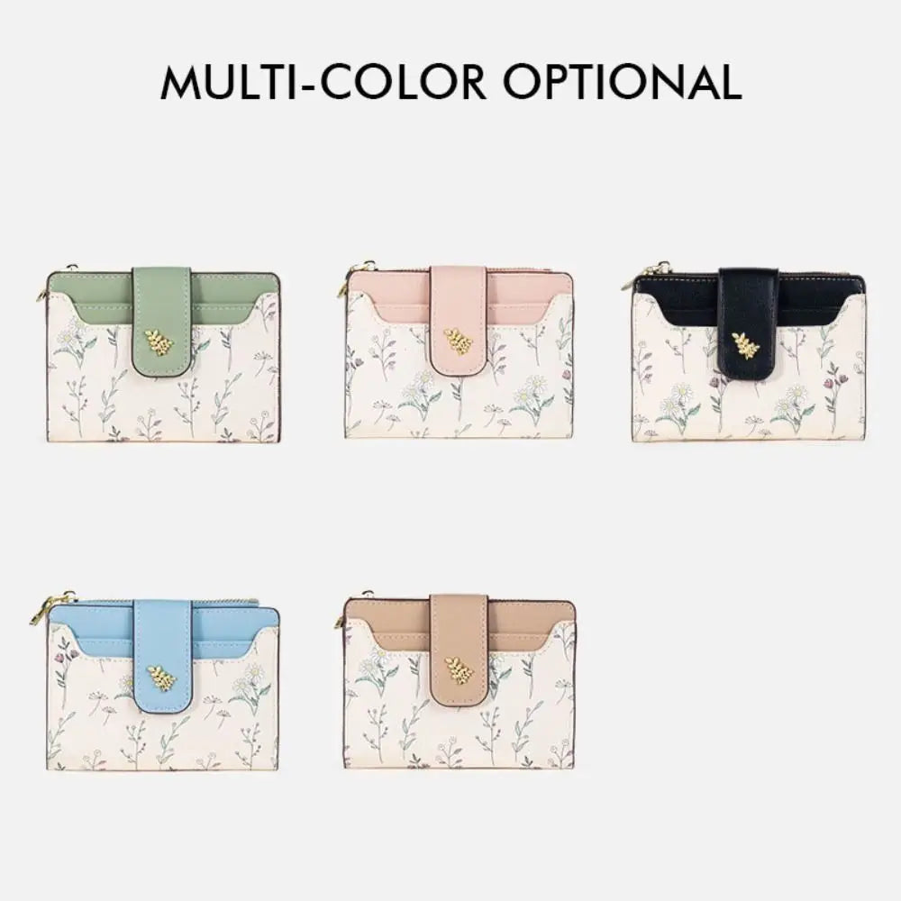Slim PU Leather Short Wallet INS Multi-Cards Zipper Coin Purse Hasp Small Flowers Card Bag Wallet Zipper Hasp For Women Girl