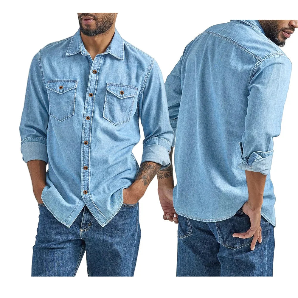 Men's Casual Denim Shirts Long Sleeve Button Vintage Blue Washed Cowboy Shirts Slim Fit Outdoor Workwear Tops for Men