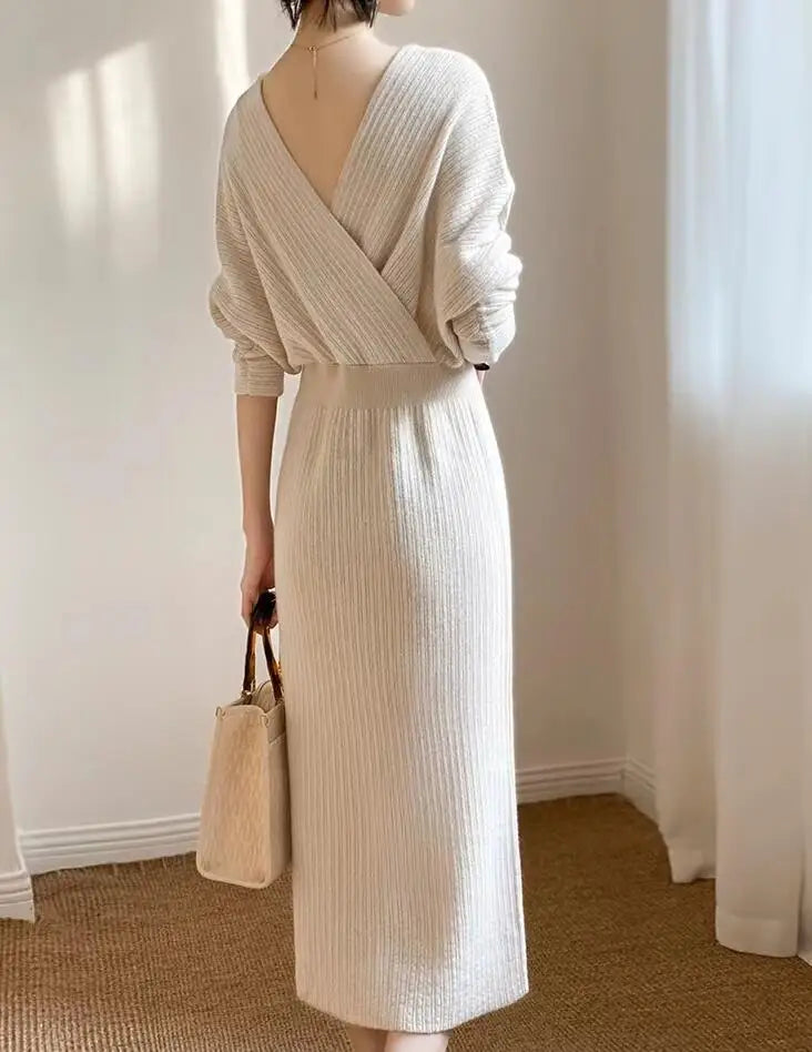 New Autumn/Winter Fashion Long Sleeve V-neck Knitted Solid Color Slim Fit Dress For Women,5 Colors
