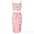 Two Piece Set Women Outfit 2024 Summer Fashion Button Decor Spaghetti Strap Crop Cami Top & High Waist Split Midi Skirt Set