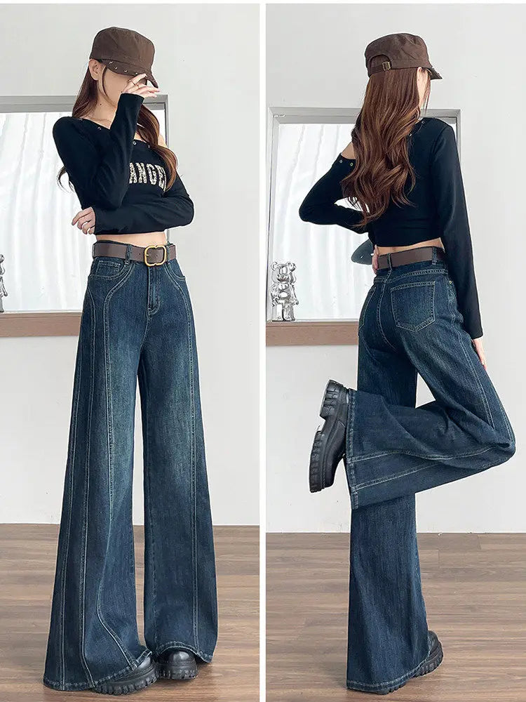 American Style Retro Elastic Wide Leg Jeans