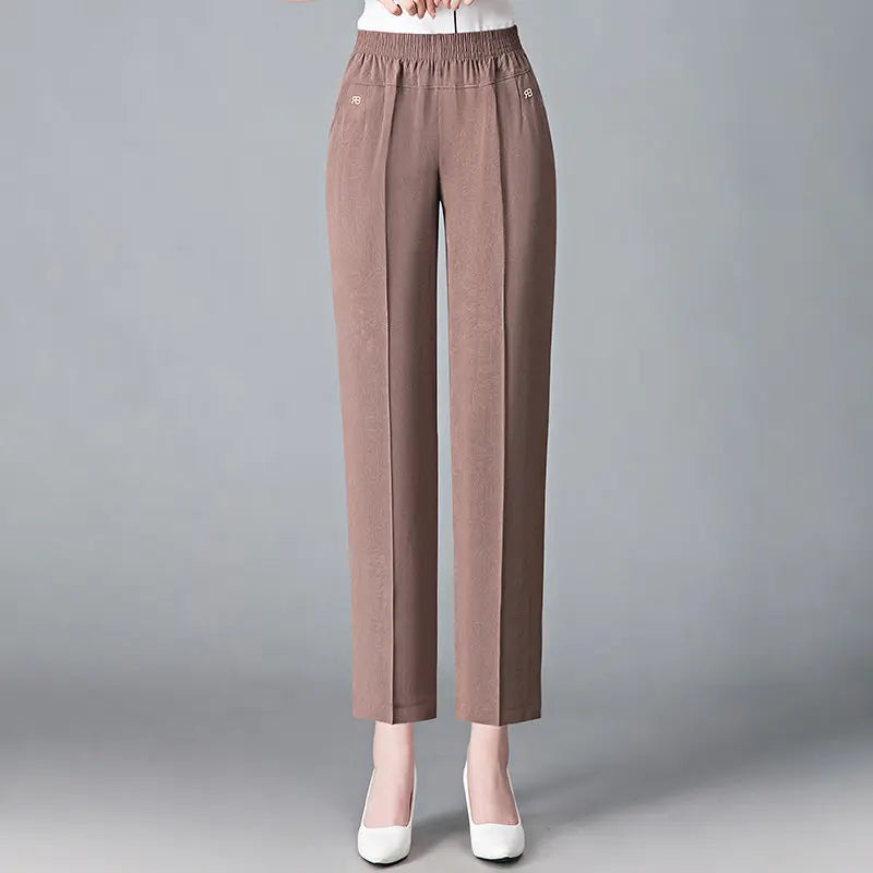 Office Lady Vintage Loose Straight Pants Spring Summer Thin Women Streetwear Fashion Casual Elastic High Waist Cropped Trousers