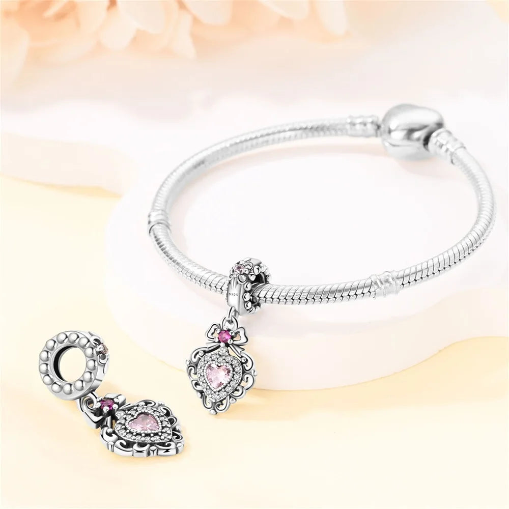 Pendant Charm Bead 925 Sterling Silver Pink Heart-Shaped Beads Fit Original Bracelet for Jewelry Making Valentine's Day gift