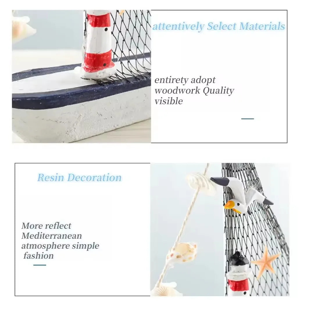 Mini Nautical Style Wooden Sailing Boat Ship-Nautical Blue Craft Ornament for Home Party Room Decoration Marine Themed Accents