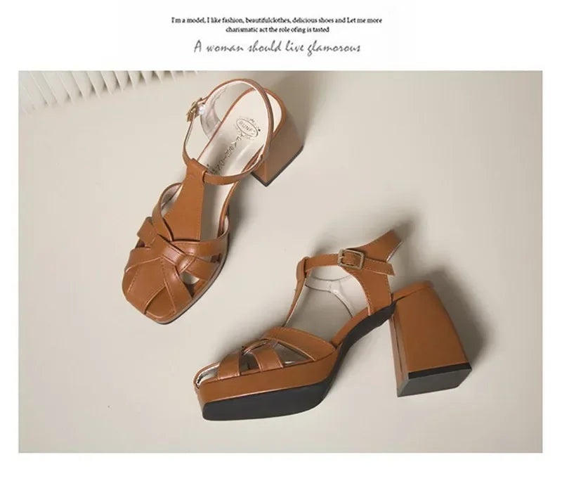 New Chunky High Heeled Sandals Women Retro Weaving Hollow Roman High Heels PU Leather Summer Square Toe Wedge Platform Sandals