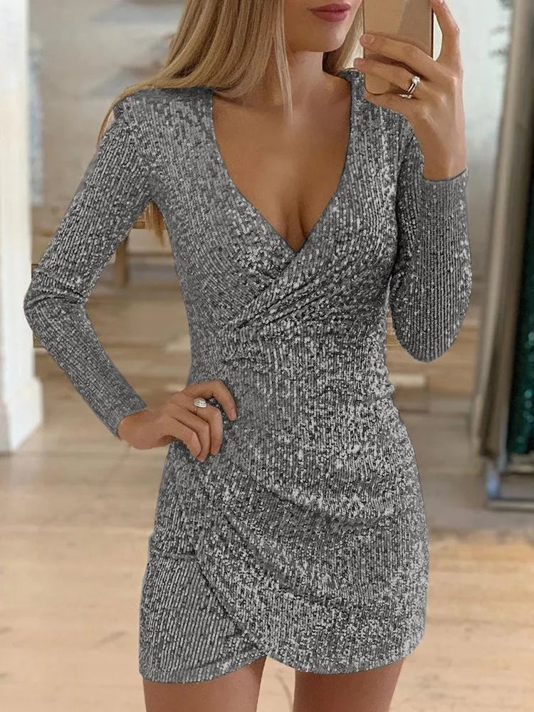 Sexy Deep V-Neck Silver Sequin Mini Bodycon Dress Spring Autumn Long Sleeve Party Dress Female