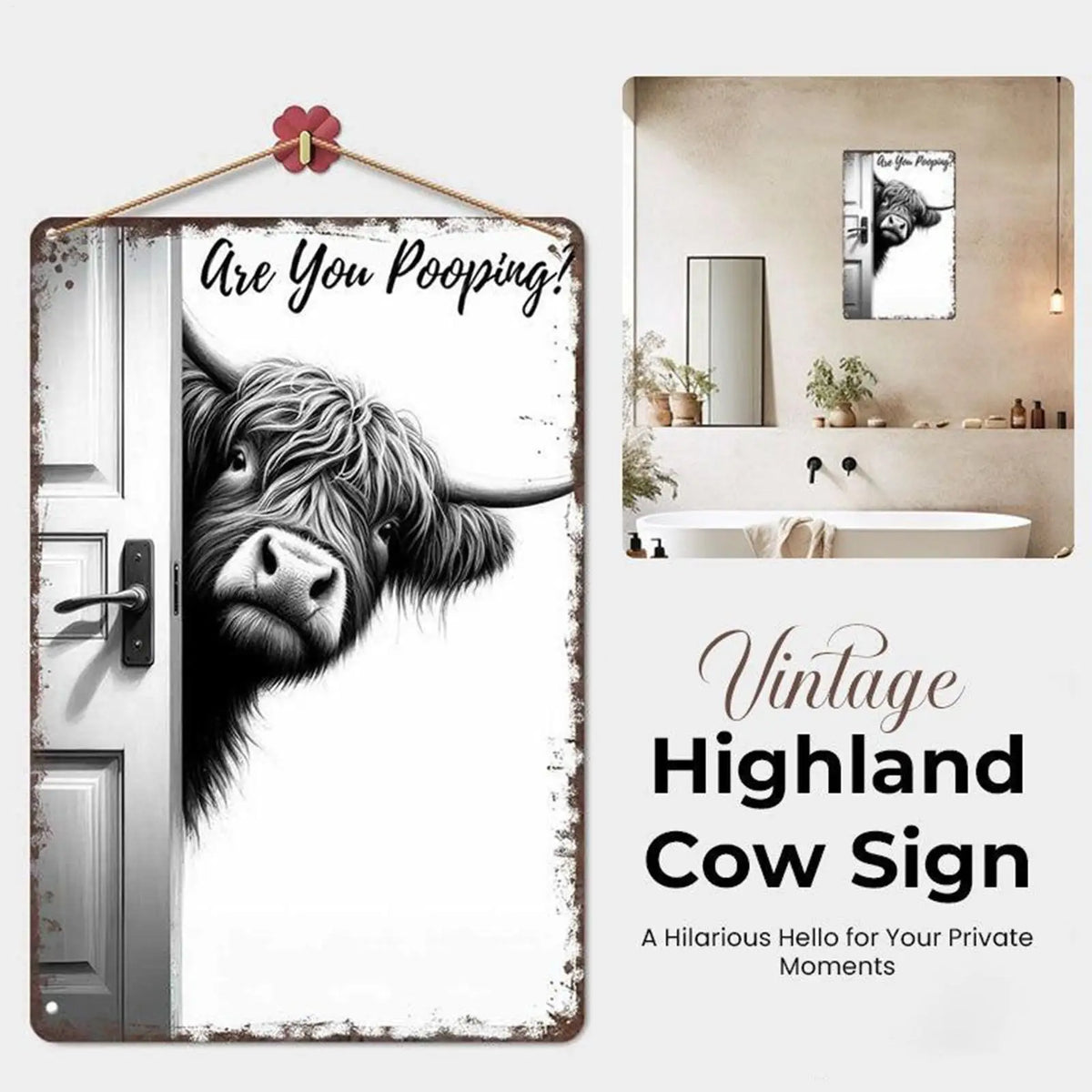 Cow Bathroom Wall Art Vintage Restroom Decoration Humorous Toilet Wall Sign for Homeowners Renters Apartment Office Hotel Powder