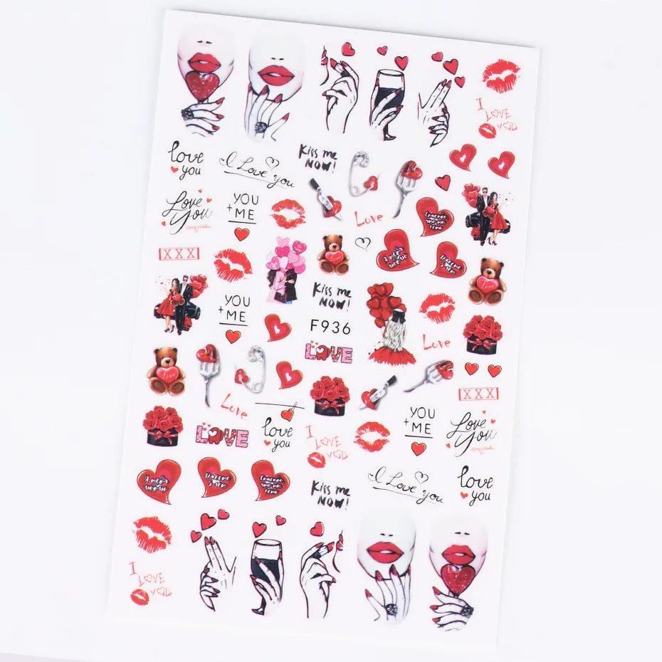 1PCS New Black White Love Heart English Alphabet Nail Art Sticker Nail Decoration Decal DIY Valentine's Day 3D Adhesive Stickers