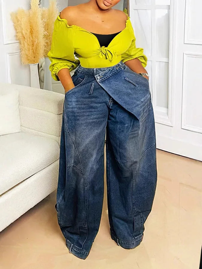Wide Leg Pants Women Vintage Denim Jeans Punk Style Loose Trousers Stretch Mid Waist Washed Distressed 2026 Mom Streetwear