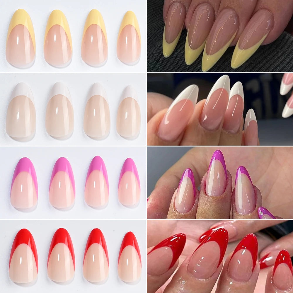 96Pcs/box Mixed Medium Almond French False Nails White/Red/Pink/Yellow French Press On Nails Full Cover Actylic Nail Fake Tips!5
