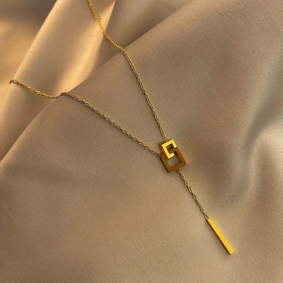 Simple Style Square Shape Buckle Long Pendant Clavicle Chain Necklace 18K Gold Plated Golden Color Neck Jewelry For Women
